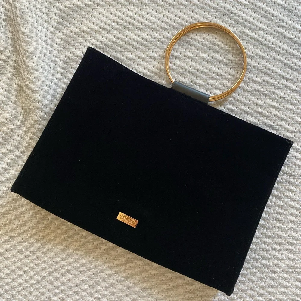 CAROLINA HERRERA NEW YORK GOOD GIRL BLACK VELVET BAG GOLD METAL ROUND HANDLE
